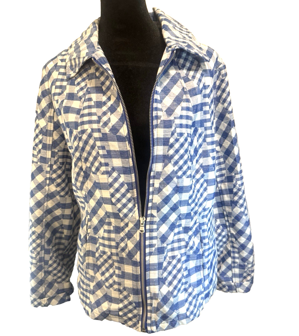 Erin London Blue White Plaid Zip Jacket Womens M Lightweight Checkered Preppy